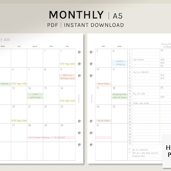 Undatierter Monatsplaner | A5 Printable Planner Einsätze | MO2P Layout Template | Blanko-Kalender mit Notizen | Digitaler Download