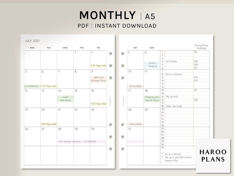 Undated Monthly Planner A5 Printable Planner Inserts MO2P | Etsy