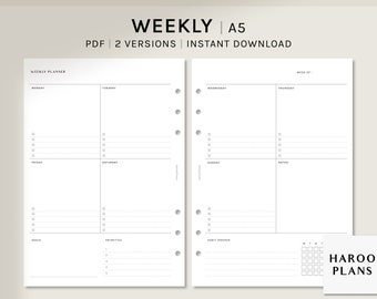 Undated Weekly Planner with Habit Tracker Printable | A5 | WO2P Template Inserts | Sunday&Monday Starts | Checklist, Goals, Notes
