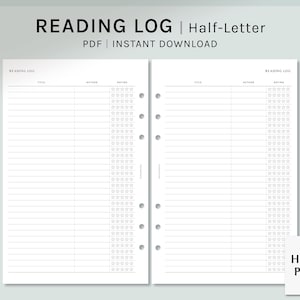 Registro de lectura / Inserciones de planificador imprimible de media carta / Plantilla de seguimiento de libros PDF / Páginas de diseño de lista de verificación de libro simple / Descarga digital