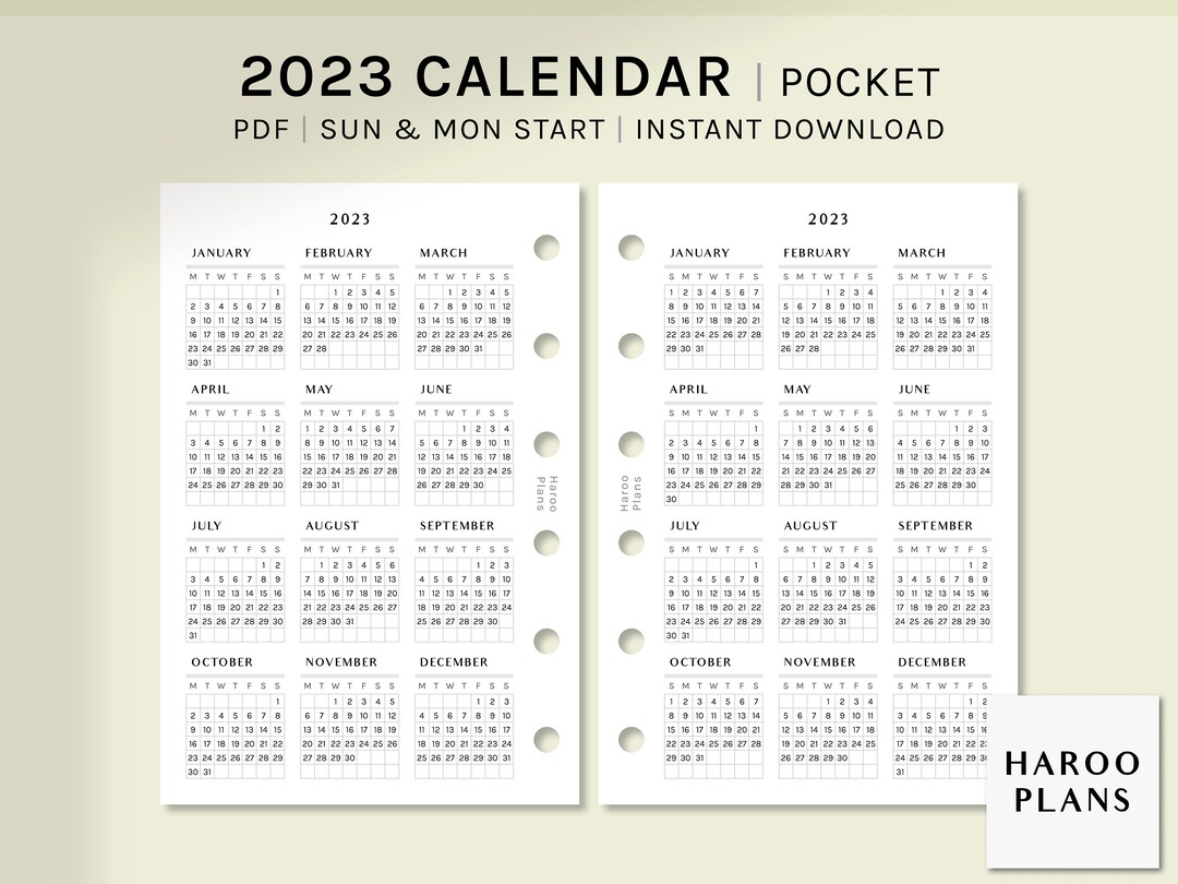 2023 Calendar Pocket Size Printable Planner Inserts Yearly Etsy