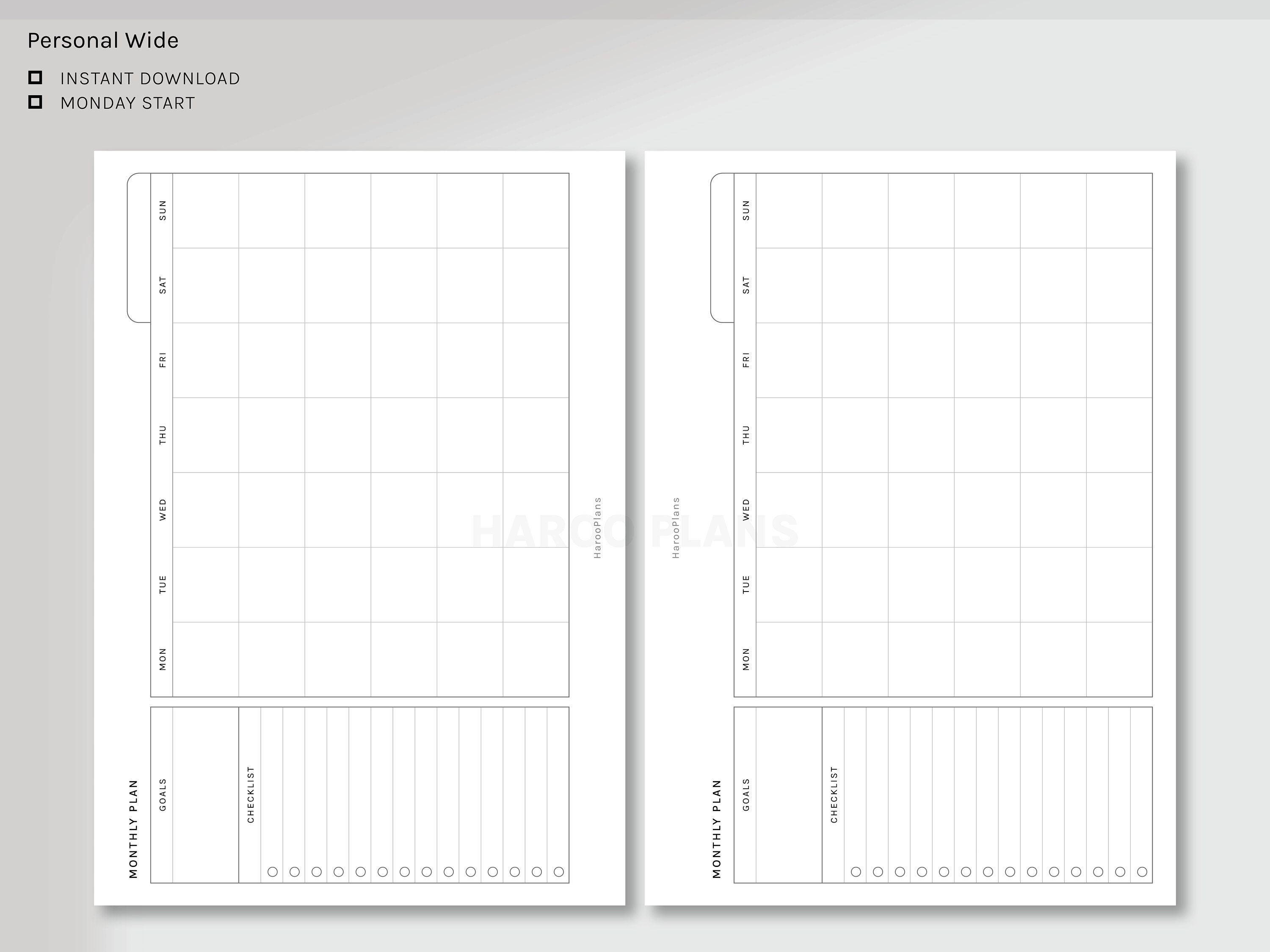 Monthly Planner | Personal Wide Printable Inserts | MO1P Horizontal ...