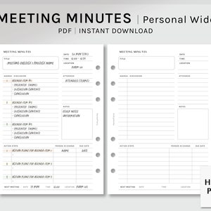 Meeting Minutes | Personal Wide Printable Planner Inserts | Work Project Agenda Template | Meeting Notes for Business PDF | Digital Download