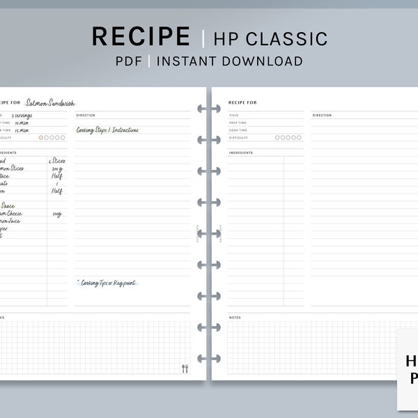 Recipe Sheet | HP Classic Printable Happy Planner Inserts | Blank Cook book Template | Meal Menu Plan Food Idea Notes PDF | Digital Download