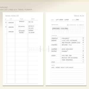 Op de afbeelding: Een printbare reisplanner met een checklist om een ​​reis naar Bangkok, Thailand te plannen. De checklist omvat items zoals budgetplannen, vlucht, hotel, restaurant, tourprogramma, kookcursus, wisselen, winkelen, paspoortverlenging, hotelzwembad, sportschool, weer, tijdsverschil, reisverzekering en andere notities. De planner bevat ook een verlanglijstsectie voor dingen om te doen in Bangkok.