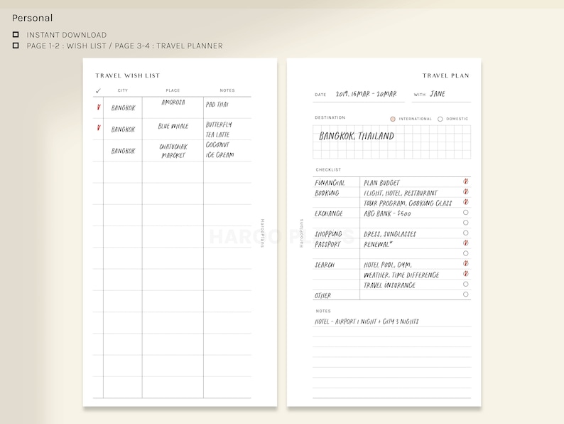 Op de afbeelding: Een printbare reisplanner met een checklist om een ​​reis naar Bangkok, Thailand te plannen. De checklist omvat items zoals budgetplannen, vlucht, hotel, restaurant, tourprogramma, kookcursus, wisselen, winkelen, paspoortverlenging, hotelzwembad, sportschool, weer, tijdsverschil, reisverzekering en andere notities. De planner bevat ook een verlanglijstsectie voor dingen om te doen in Bangkok.