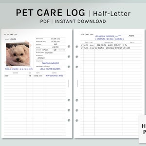 Registro di cura degli animali domestici / Inserti di pianificatore stampabili a mezza lettera / Modello di informazioni sul profilo dell'animale in formato PDF / Tracciatore di vaccinazioni / Download digitale