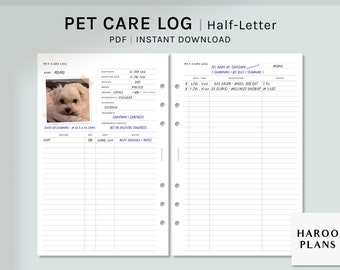 Pet Care Log | Half-Letter Printable Planner Inserts | Animal Profile Information Template PDF | Vaccination Tracker | Digital Download