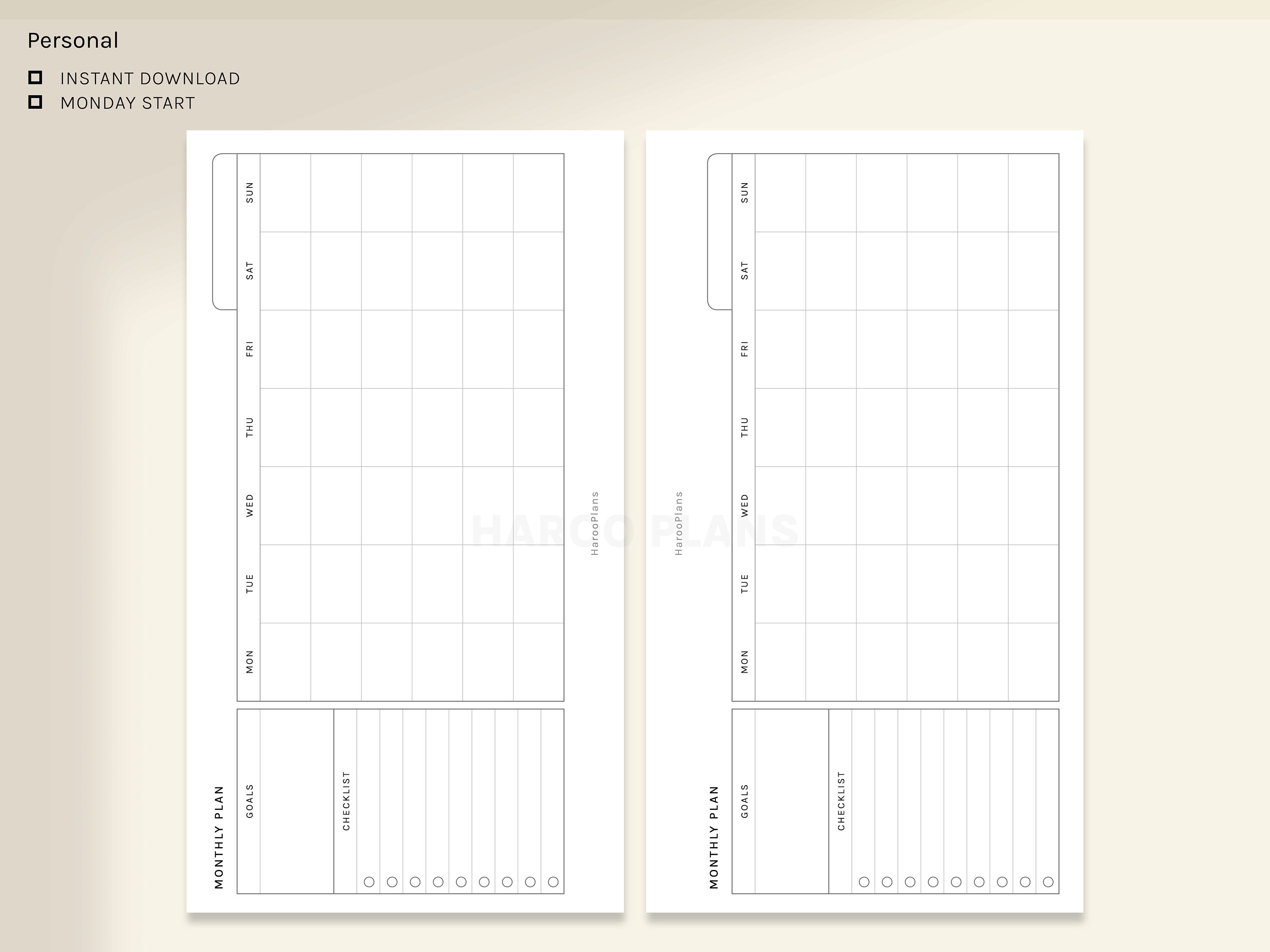 Monthly Planner | Personal Printable Inserts | MO1P Horizontal Layout ...