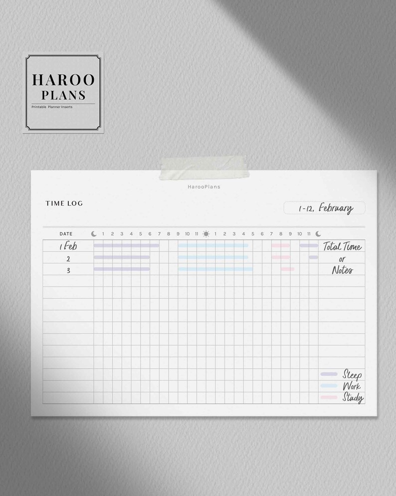 May include: A printable time log planner insert for February with a grid for tracking sleep, work, and study time. The planner has a simple design with a white background and gray grid lines. The text "1-12, February" is at the top of the page.