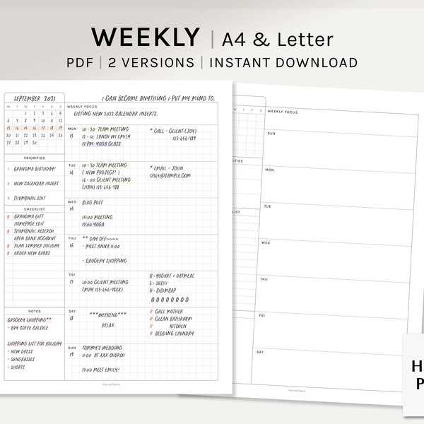 Undated Weekly Planner | A4, US Letter Printable Planner Inserts | Weekly Schedule Template | Organizer with Calendar PDF | Digital Download