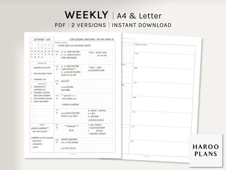 Undated Weekly Planner A4, US Letter Printable Planner Inserts Weekly Schedule Template Organizer with Calendar PDF Digital Download image 1