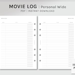 Movie Log | Personal Wide Printable Planner Inserts | Film Tracker Template PDF | Simple Cinema List Layout Sheets | Digital Download