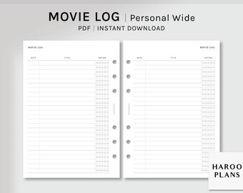 映画ログ | 個人用ワイド印刷可能プランナー挿入物 | 映画トラッカーテンプレート PDF | シンプルな映画リストレイアウトシート | デジタルダウンロード