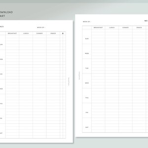May include: A printable meal planner with a weekly layout. The planner includes sections for breakfast, lunch, dinner, and snacks. The planner is designed for a Sunday start.