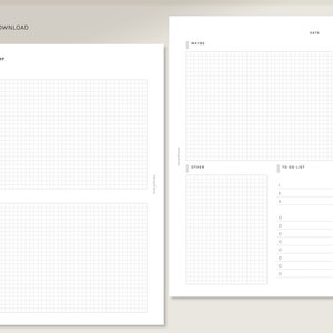 May include: A printable A5 planner page with a grid layout. The left side has sections labeled "Brain Dump", "Must", and "Want". The right side has sections labeled "Maybe", "Date", "Other", and "To Do List".