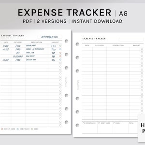 Puede incluir: Un rastreador de gastos imprimible en tamaño A6 con dos versiones. La primera versión tiene un registro de gastos de muestra para septiembre de 2021. La segunda versión está en blanco. Ambas versiones tienen columnas para la fecha, la categoría, la descripción y el importe. El rastreador también incluye una sección para el método de pago: tarjeta de crédito, tarjeta de débito o efectivo.