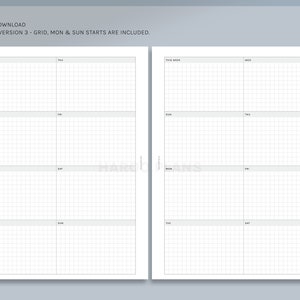 K&ouml;nnte beinhalten: Eine druckbare Planerseite mit einem Rasterlayout f&uuml;r die Planung. Die Seite ist in zwei Spalten unterteilt, jede mit einem Wochenkalender. Der Kalender enth&auml;lt die Wochentage: Montag, Dienstag, Mittwoch, Donnerstag, Freitag, Samstag und Sonntag. Der Text "HP Classic" und "INSTANT DOWNLOAD" befindet sich oben auf der Seite.