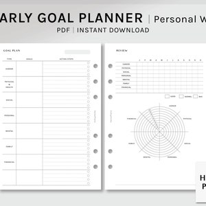 Doelplanner | Persoonlijke breed afdrukbare inserts | Life Goal Setting Journal Review Sjabloon | Actieplan Organizer PDF-| Digitale download