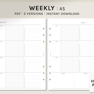 May include: A printable weekly planner in A5 size, with two versions, for use with a disc bound planner. The planner has a grid layout for each day of the week, with space for notes and goals.