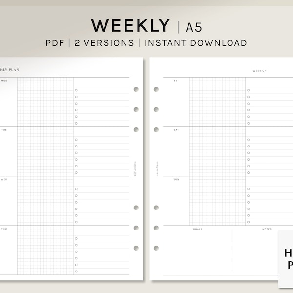 Undated Weekly Planner Printable Inserts | A5 | Sunday&Monday Starts | Checklist, Goal, Notes | WO2P Layout | PDF Template Digital Download