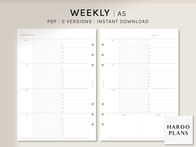 Undated Weekly Planner Printable Inserts | A5 | Sunday&monday Starts ...