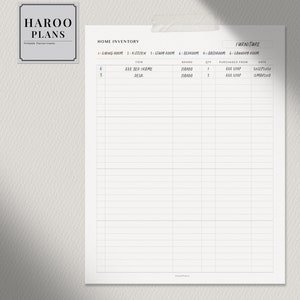 May include: A printable home inventory planner with columns for item, brand, quantity, purchased from, and date. The planner is designed to help you keep track of your furniture and other household items.