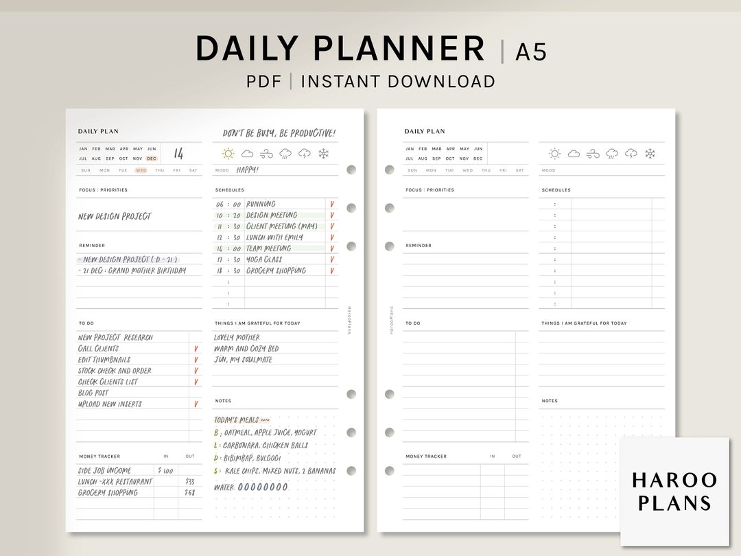Daily Planner | A5 Printable Inserts | Simple Schedule Template | to Do ...