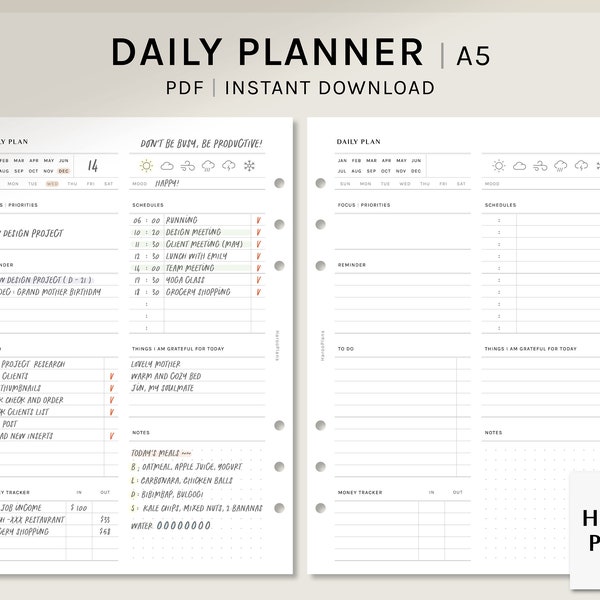 Daily Planner | A5 Printable Inserts | Simple Schedule Template | To Do List, Money Tracker | Undated Organizer Sheet PDF | Digital Download