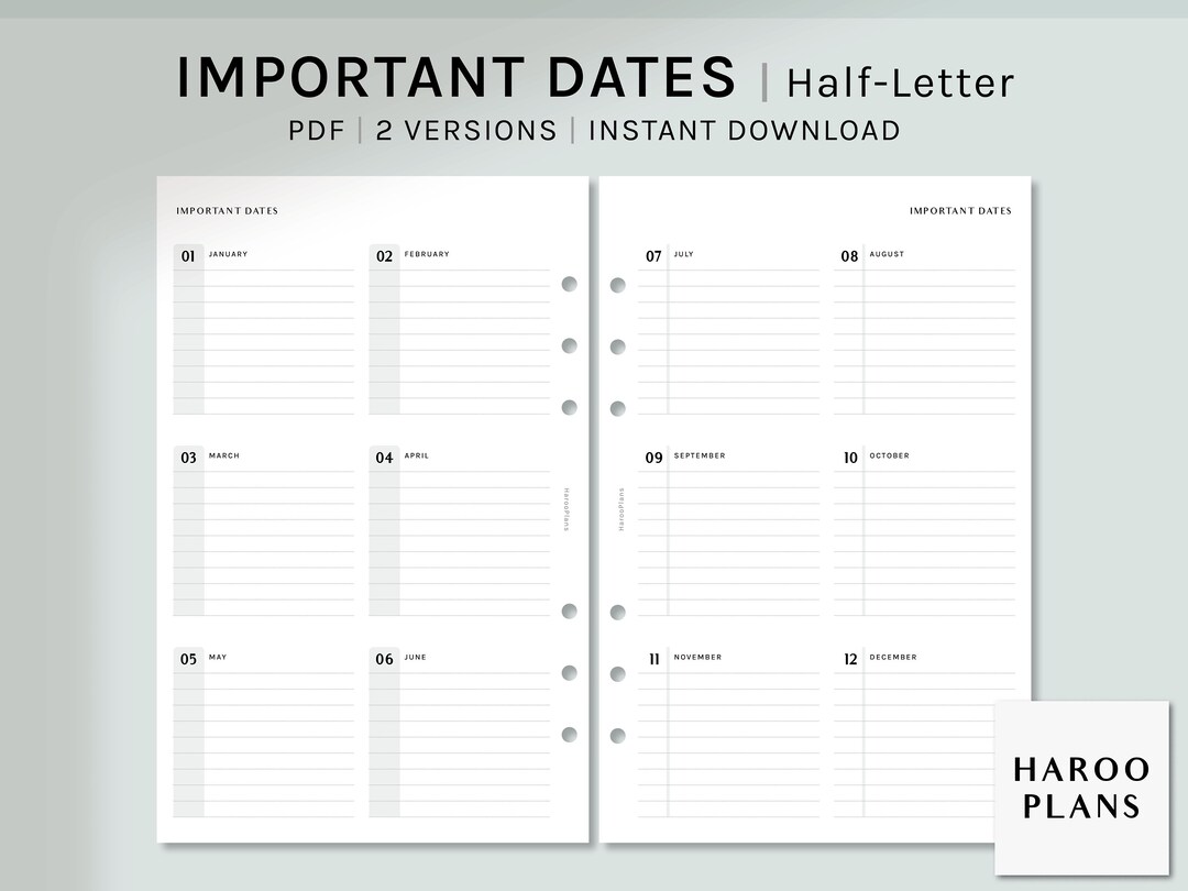 Important Dates | Half-letter Printable Planner Inserts | 2 Versions ...