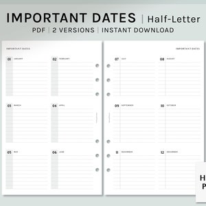 May include: Printable important dates planner in half-letter size. The planner is divided into 12 sections, one for each month of the year. Each section has a space for writing important dates and events. The planner is designed for use with a disc-bound planner system. "IMPORTANT DATES" and "HAROO PLANS" are printed on the planner.