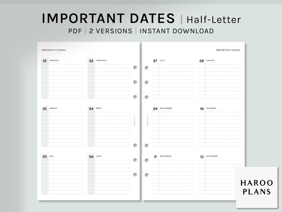 Important Dates Half-letter Printable Planner Inserts 2 - Etsy