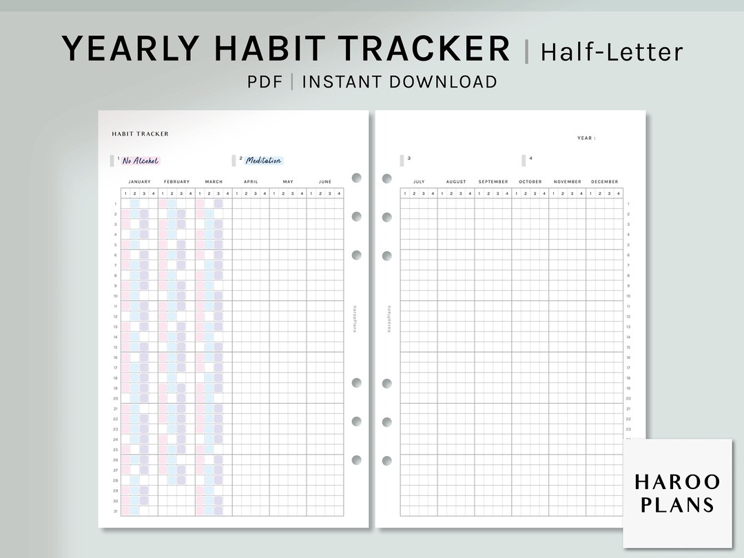 Yearly Habit Tracker | Half-letter Ring Printable Planner Inserts ...