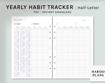 Yearly Habit Tracker | Half-Letter Ring Printable Planner Inserts | Routine Tracker template | Tasks Chores Log Sheet | Digital Download