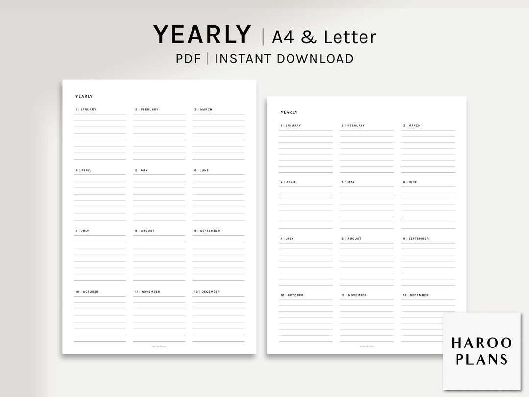 Yearly Planner | A4, US Letter Printable Inserts | Undated Year Goal ...