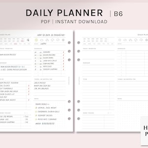 Puede incluir: Un planificador diario imprimible en tamaño B6, con un diseño en blanco y negro. El planificador incluye secciones para tareas diarias, horarios, recordatorios, listas de tareas y un rastreador de dinero. El planificador también incluye una sección para cosas por las que estar agradecido y una sección para notas. El planificador tiene un patrón de cuadrícula punteada en el lado derecho.