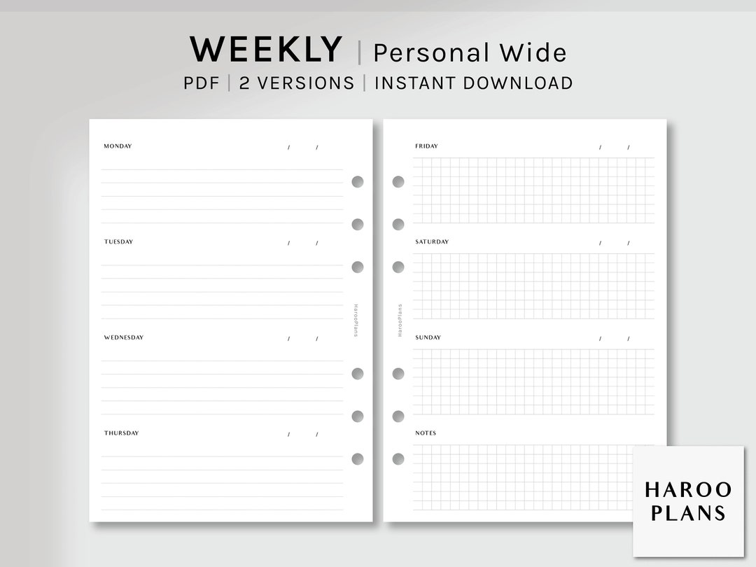 Simple Weekly | Personal Wide Printable Planner Inserts | Undated WO2P ...