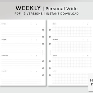 Simple Weekly | Personal Wide Printable Planner Inserts | Undated WO2P Template PDF | Grid Line Layout | Week Journal | Digital Download