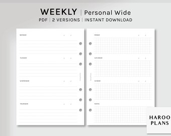 Simple Weekly | Personal Wide Printable Planner Inserts | Undated WO2P Template PDF | Grid Line Layout | Week Journal | Digital Download