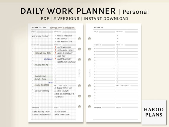 Daily Work Planner | Personal size Printable Inserts | Productivity Organizer Template | Grid Layout Schedule Sheet PDF | Digital Download