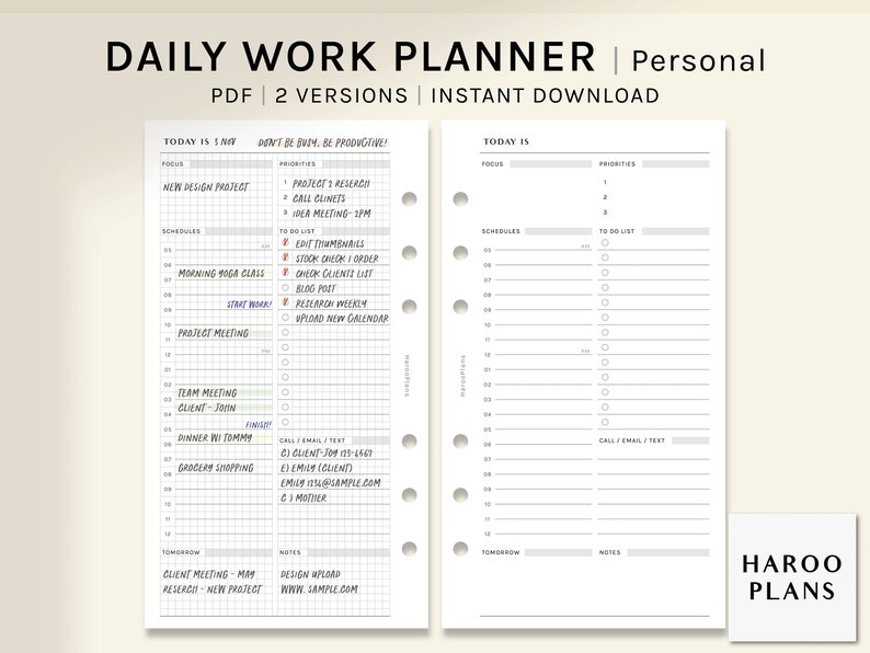 Peut inclure: Un planificateur de travail quotidien noir et blanc avec deux pages. La page de gauche comporte une grille avec une liste de t&acirc;ches &agrave; faire et un horaire. La page de droite comporte une liste de t&acirc;ches &agrave; faire et un horaire. Le texte "DAILY WORK PLANNER | Personal" est en haut de la page. Le texte "PDF | 2 VERSIONS | INSTANT DOWNLOAD" est sous le titre. Le texte "TODAY IS" est en haut des deux pages. Le texte "DON'T BE BUSY, BE PRODUCTIVE!" est en haut de la page de gauche. Le texte "HAROO PLANS" est en bas de la page de droite.