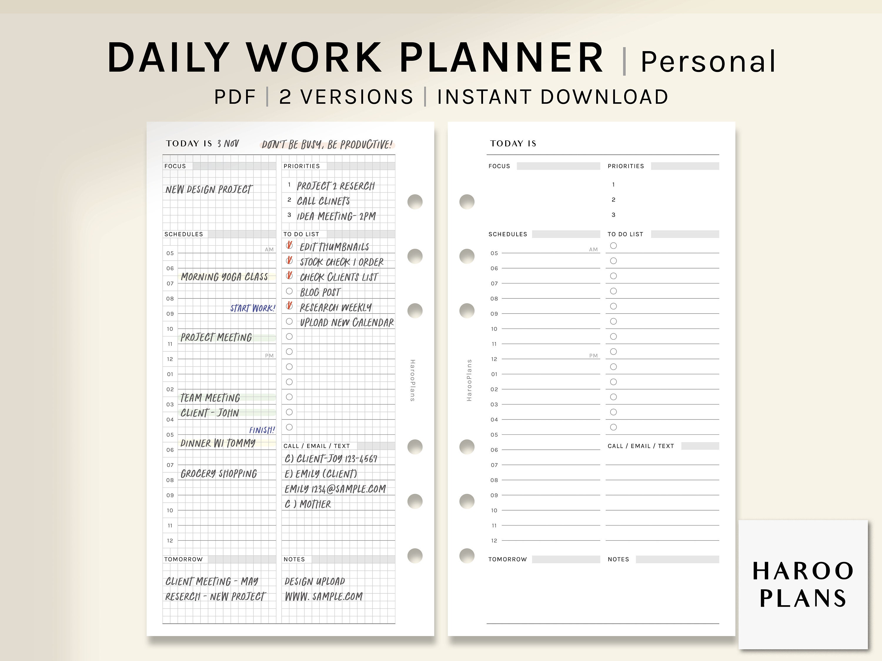 Daily Work Planner | Personal Size Printable Inserts | Productivity ...