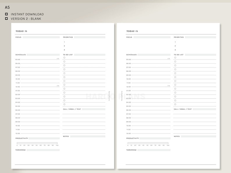 May include: A printable daily planner with two columns, each with sections for focus, priorities, schedule, to-do list, call/email/text, productivity, notes, and tomorrow. The planner is designed for a 15-hour day.