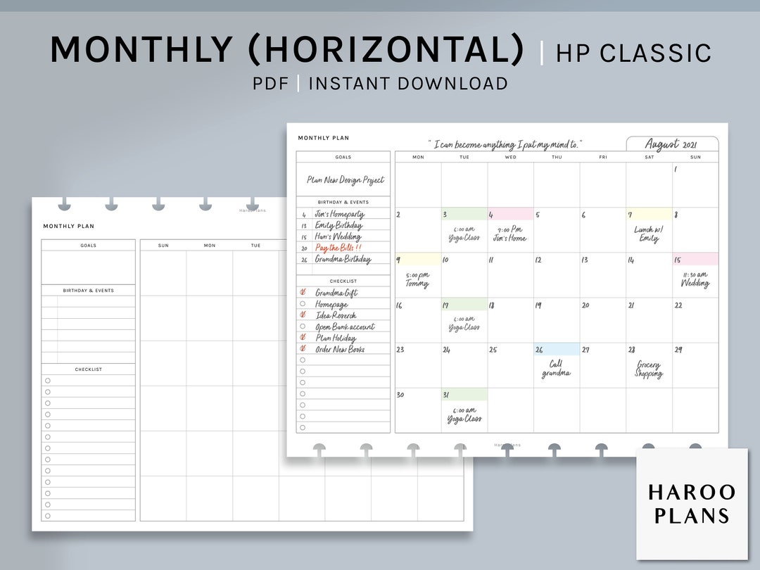 Monthly HP Classic Printable Happy Planner Inserts MO1P Horizontal ...