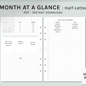 Mes de un vistazo / Inserciones de planificador imprimible de media letra / Plantilla MO2P sin fecha / Calendario en blanco / Lista de verificación mensual / Descarga digital