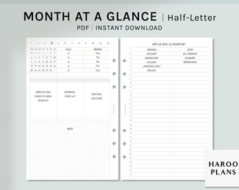 May include: A printable monthly planner page in black and white with a calendar, a to-do list, and a notes section. The text "MONTH AT A GLANCE | Half-Letter" is at the top of the page. The text "PDF | INSTANT DOWNLOAD" is below the title. The text "DON'T BE BUSY. BE PRODUCTIVE!" is at the top of the to-do list section. The text "HAROO PLANS" is at the bottom right corner of the page.