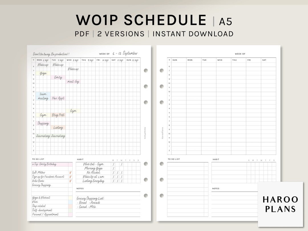 WO1P Schedule | A5 Printable Planner Inserts | Simple Weekly Time ...