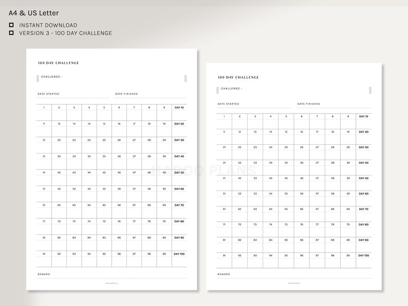 Challenge Sheet | A4, US Letter | Printable Planner Inserts | 30 50 100 Day Habit Tracker Template Bullet Journal PDF | Digital Download image 4