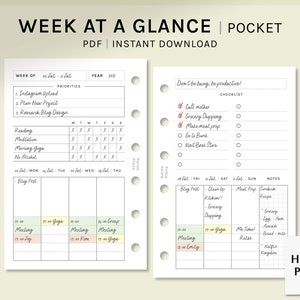 May include: A weekly planner with a pocket-sized design. The planner has a white background with black text and includes sections for daily tasks, priorities, and notes. The planner also includes a checklist for daily tasks. The planner is titled "Week at a Glance | Pocket" and "PDF | Instant Download".