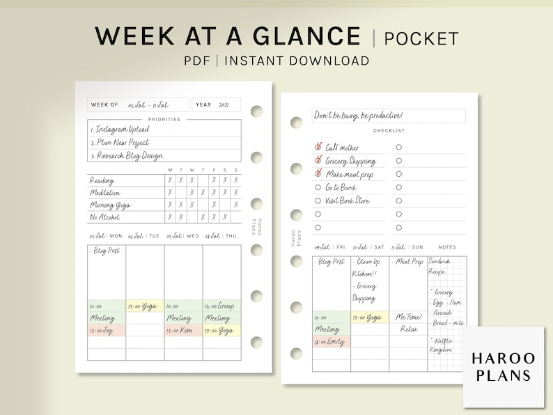 Week at a Glance | Pocket Ring Printable Inserts | Weekly Planner ...